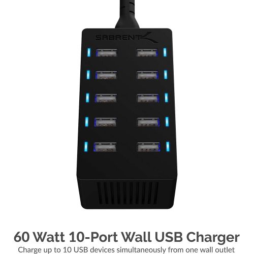  [아마존 핫딜] [아마존핫딜]Sabrent 60 Watt (12 Amp) 10-Port [UL Certified] Family-Sized Desktop USB Rapid Charger. Smart USB Ports with Auto Detect Technology [Black] (AX-TPCS)