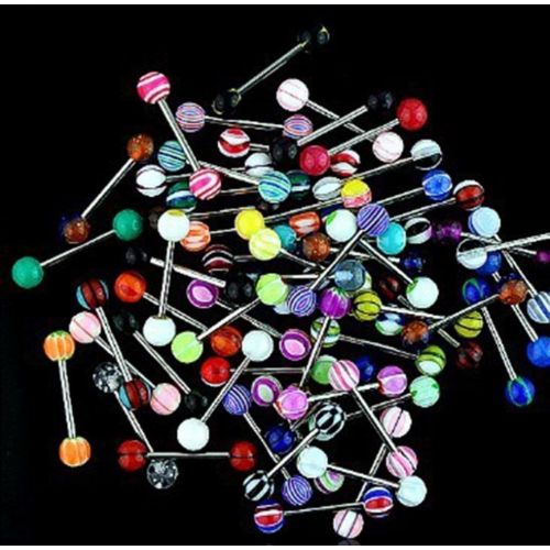  [아마존베스트]Sacow Tongue Ring Bar Stud, 50 pc Assorted Colors Stainless Steel Ball Tongue Rings Barbells Body Piercing Nipple Jewelry