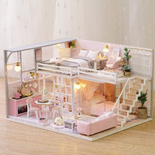  Sacow Mini Wooden Dollhouse Kit, 3D DIY Miniature House Furniture LED House Puzzle Toy Game (B)