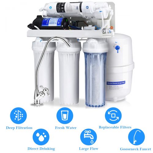  Saddle Costway High Capacity 5-Stage Reverse Osmosis Drinking Water Filter System, Ultra Safe Under Sink Whole Home Water Filtration System