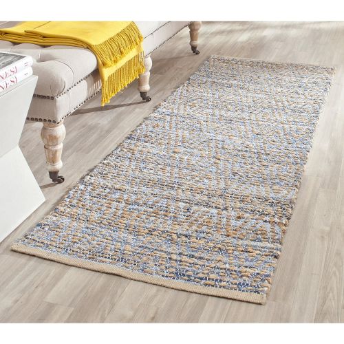  Safavieh Cape Cod Collection CAP351A Hand Woven Flatweave Geometric Diamond Natural and Blue Jute Area Rug (5 x 8)