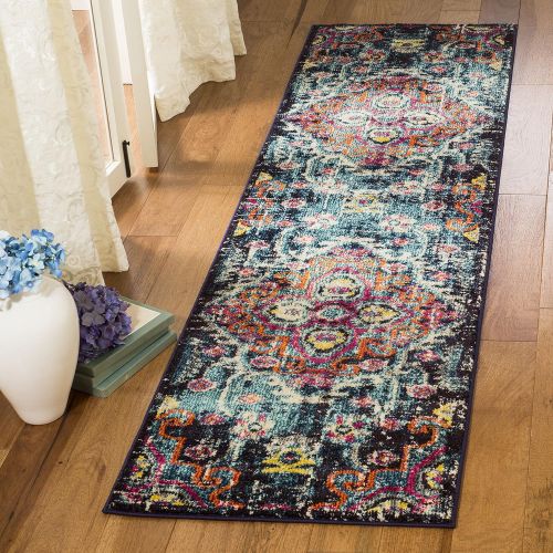  Safavieh Monaco Collection MNC252J Vintage Bohemian Medallion Distressed Blue and Fuchsia Pink Area Rug (51 x 77)