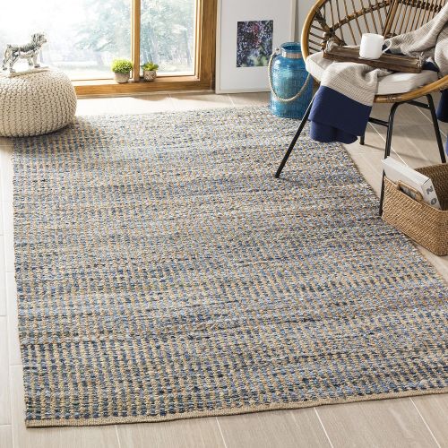 닌자 Safavieh Cape Cod Collection CAP352A Hand Woven Flatweave Natural and Blue Striped Jute Area Rug (6 x 9)