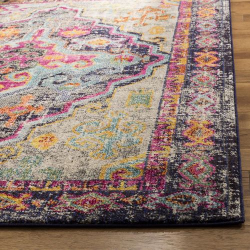  Safavieh Monaco Collection MNC247R Vintage Bohemian Medallion Distressed Grey and Fuchsia Pink Area Rug (51 x 77)