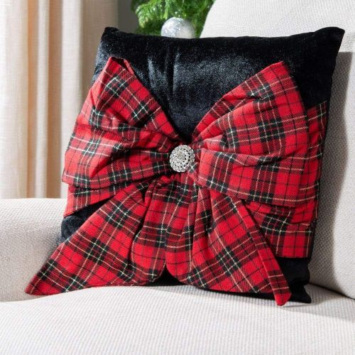  Safavieh Pillow Collection Throw Pillows, 16 by 16-Inch, Tartan Bow Holiday Plaid, Set of 2