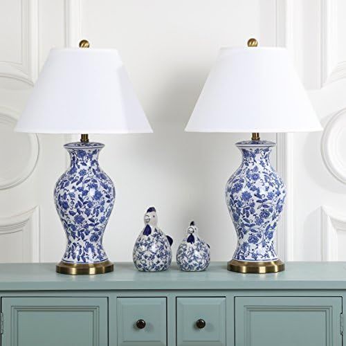  Safavieh Lighting Collection Beijing Floral Urn Blue and White 29-inch Table Lamp (Set of 2)