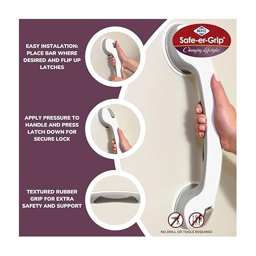  Safe-er-Grip Changing Lifestyles Suction Cup Grab Bars For Bathtubs & Showers; Safety Bathroom Assist Handle, White & Grey, 16 Inches