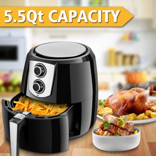  Safeplus 5.5Qt Air Fryer, 1800W Programmable Oil Free Electric Hot Air Fryer, Kitchen Healthy Cooker with Dual Dial Timer Temperature Control Knobs, Family Size XL