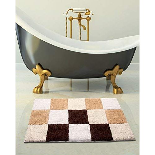  Saffron Fabs 2 Piece Bath Rug Set, 100% Soft Cotton, Size 24x17 Inch and 34x21 Inch, Latex Spray Non-Skid Backing, Beige, Checkerboard Pattern, Hand Tufted, 190 GSF Wt, Machine Was