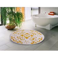 Saffron Fabs Cotton 36 Inch Round Yellow-White 200 GSF Damask Pattern Bath Rug