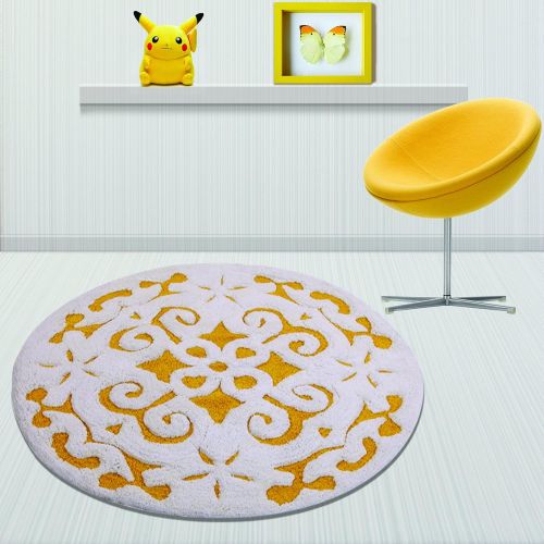  Saffron Fabs Cotton 36 Inch Round Yellow-White 200 GSF Damask Pattern Bath Rug