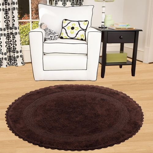  Saffron Fabs Bath Rug 100% Soft Cotton 36 Inch Round, Reversible-Different Pattern On Both Sides, Solid Chocolate Color, Hand Knitted Crochet Lace Border, Hand Tufted, 200 GSF Weig