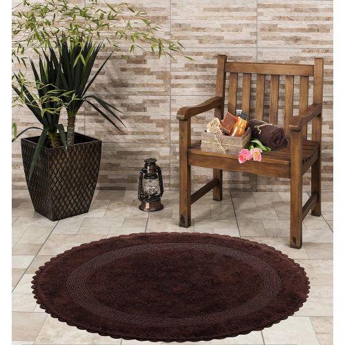  Saffron Fabs Bath Rug 100% Soft Cotton 36 Inch Round, Reversible-Different Pattern On Both Sides, Solid Chocolate Color, Hand Knitted Crochet Lace Border, Hand Tufted, 200 GSF Weig