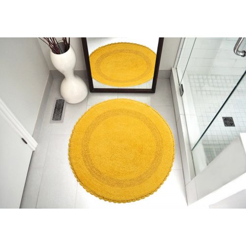  Saffron Fabs Bath Rug 100% Soft Cotton 36 Inch Round, Reversible-Different Pattern On Both Sides, Solid Yellow Color, Hand Knitted Crochet Lace Border, Hand Tufted, 200 GSF Weight,