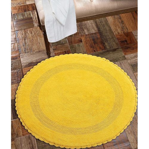  Saffron Fabs Bath Rug 100% Soft Cotton 36 Inch Round, Reversible-Different Pattern On Both Sides, Solid Yellow Color, Hand Knitted Crochet Lace Border, Hand Tufted, 200 GSF Weight,