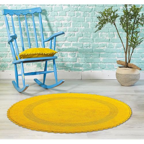  Saffron Fabs Bath Rug 100% Soft Cotton 36 Inch Round, Reversible-Different Pattern On Both Sides, Solid Yellow Color, Hand Knitted Crochet Lace Border, Hand Tufted, 200 GSF Weight,