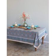 Saffron Marigold Mosaique Bleue Daisy Floral Tablecloth | Mosaic Moroccan Tile Medallion Print | Rectangle Hand Printed Indian Romantic Elegant Tablecloth 70 x 120