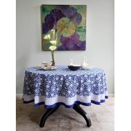 Saffron Marigold Midnight Lotus Tablecloth 70 Round | Hand Printed | Floral Medallion Versailles Blue Brocade Flower Printed Asian Banquet Table Cover