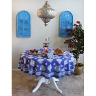 Saffron Marigold Casablanca Blues ~ Moroccan Style Quatrefoil Round Tablecloth - 70 Round
