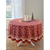 Saffron Marigold 90 Round Ruby Kilim Geometric Print Tablecloth | Turkish Kilim Red Black Middle Eastern Decorative Holiday Table Cloth for Thanksgiving, Christmas, or Formal Occas