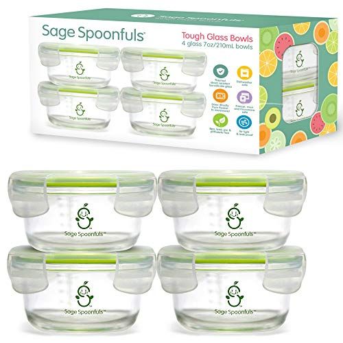  Sage Spoonfuls Glass Baby Food Storage Jars | Stronger Than Regular Glass | Set of 4 Bowls with Snap Lids | 7oz | BPA, Lead, Phthalate & PVC Free | Leak Proof, Airtight | Freezer, Microwave, Oven