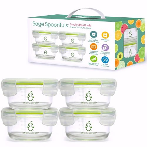  Sage Spoonfuls Glass Baby Food Storage Jars | Stronger Than Regular Glass | Set of 4 Bowls with Snap Lids | 7oz | BPA, Lead, Phthalate & PVC Free | Leak Proof, Airtight | Freezer, Microwave, Oven