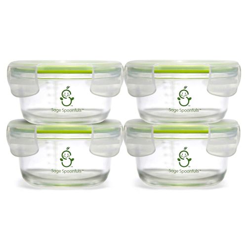  Sage Spoonfuls Glass Baby Food Storage Jars | Stronger Than Regular Glass | Set of 4 Bowls with Snap Lids | 7oz | BPA, Lead, Phthalate & PVC Free | Leak Proof, Airtight | Freezer, Microwave, Oven