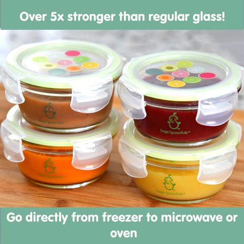  Sage Spoonfuls Glass Baby Food Storage Jars | Stronger Than Regular Glass | Set of 4 Bowls with Snap Lids | 7oz | BPA, Lead, Phthalate & PVC Free | Leak Proof, Airtight | Freezer, Microwave, Oven