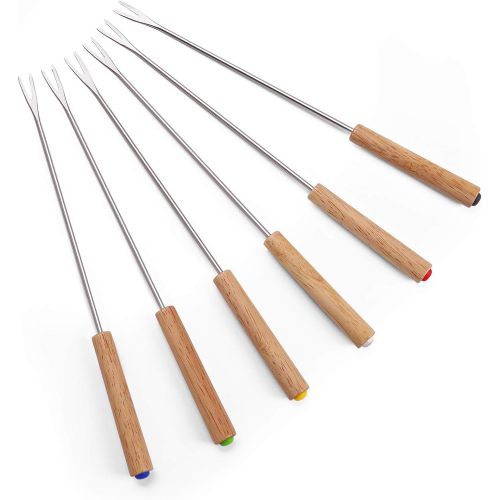  [아마존베스트]Set of 6 Stainless Steel Fondue Forks Wood Handle Heat Resistant 9.5 - for Chocolate Fountain Cheese Fondue by Sago Brothers