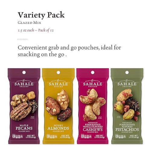  Sahale Snacks Glazed Mix Nut Blend Variety Pack, 1.5 Oz Grab & Go Bags (12 Total Packs) - Four Different Dry-Roasted Deluxe Mixed Nuts Blends Included - Non-GMO Kosher & Certified Gluten-Free Snacks