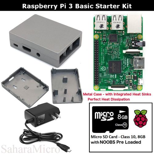  SaharaMicro SMI Raspberry Pi 3 Basic Starter Kit 8GB Class 10 NOOBS Card, 5V 2.5A Power Adapter, Metal Case, Raspberry Pi 3 Board