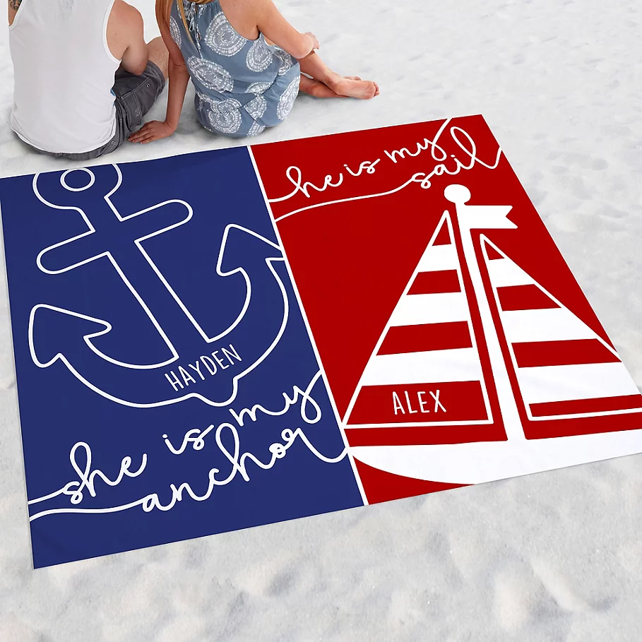 Sail and Anchor Nautical Couple Beach Blanket
