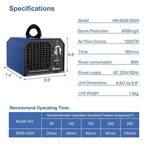  [아마존베스트]Sailnovo Ozone Generator Air Purifier 6,000 mg/h, O3 Air Ioniser, Odour Remover with Timer, up to 180 min, for Rooms, Smoke, Cars