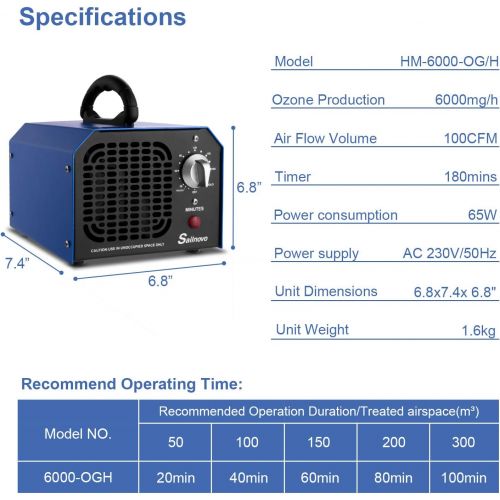  [아마존베스트]Sailnovo Ozone Generator Air Purifier 6,000 mg/h, O3 Air Ioniser, Odour Remover with Timer, up to 180 min, for Rooms, Smoke, Cars