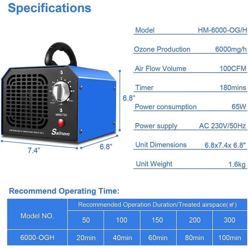  [아마존베스트]Sailnovo Ozone Generator, 6,000 mg/h Industrial Ozone Generator, Odour Killer, Ozone Air Purifier, Ozone Device with Timer for Rooms, Smoke, Cars, Pets, All Room Sizes