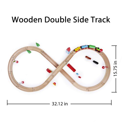  SainSmart Jr. Wooden Train Set Toy with Double-Side Train Tracks, 4 Magnetic Train Cars and Wooden Bridge Railway Set for Toddlers, 37 PCS