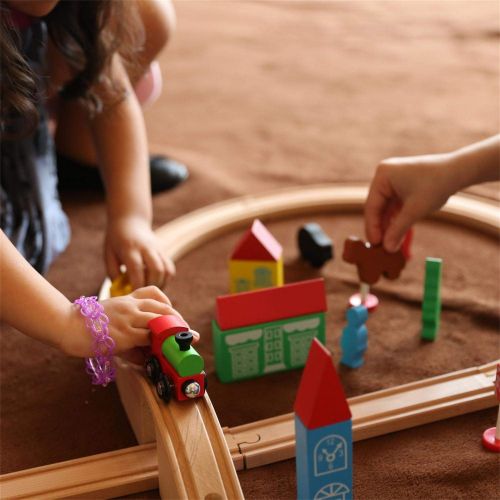  SainSmart Jr. Wooden Train Set Toy with Double-Side Train Tracks, 4 Magnetic Train Cars and Wooden Bridge Railway Set for Toddlers, 37 PCS