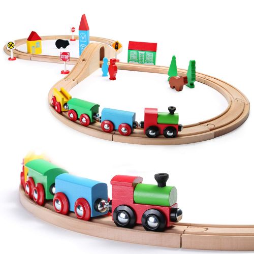  SainSmart Jr. Wooden Train Set Toy with Double-Side Train Tracks, 4 Magnetic Train Cars and Wooden Bridge Railway Set for Toddlers, 37 PCS