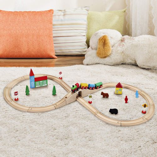  SainSmart Jr. Wooden Train Set Toy with Double-Side Train Tracks, 4 Magnetic Train Cars and Wooden Bridge Railway Set for Toddlers, 37 PCS