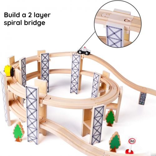  SainSmart Jr. Wooden Train Set Toy with Rail High Level Part, 50 PCS Flyover Overpass Wooden Train Playset with 5 Magnetic Train Cars for Toddlers