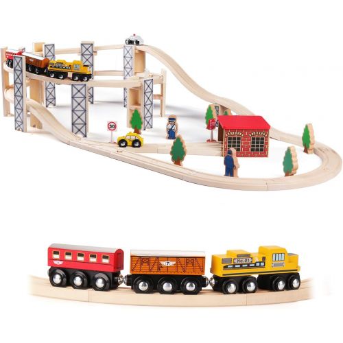  SainSmart Jr. Wooden Train Set Toy with Rail High Level Part, 50 PCS Flyover Overpass Wooden Train Playset with 5 Magnetic Train Cars for Toddlers