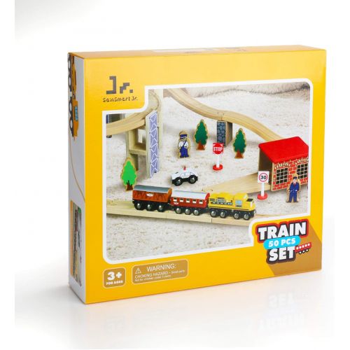  SainSmart Jr. Wooden Train Set Toy with Rail High Level Part, 50 PCS Flyover Overpass Wooden Train Playset with 5 Magnetic Train Cars for Toddlers