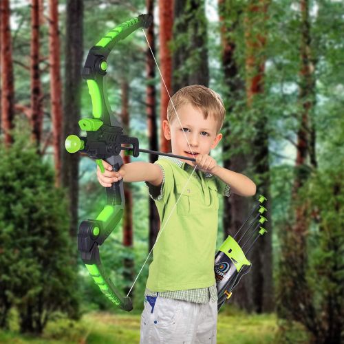  SainSmart Jr. Kids Bow and Arrows, Light Up Archery Set for Kids Outdoor Hunting Game with 5 Durable Suction Cup Arrows, Luminous Bow and Sighting Device, Green