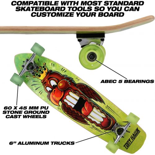  Sakar Tony Hawk 34 Complete Cruiser Skateboard, Cool Graphic Longboard, Great Option for Travel, Sport and Entertainment