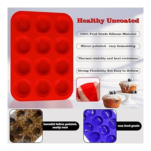  Sakolla Silicone Muffin Molds 12 Cup Silicone Cupcake Baking Pan Non-stick Muffin Molds for Cake, Muffin, Tart, Bread