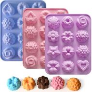 Sakolla 3 Pack Chocolate Flowers Silicone Molds 12 Cavity Flowers Heart Shape Candy Cake Molds for Baking, Cupcake, Jelly, Ice Cube, Muffin