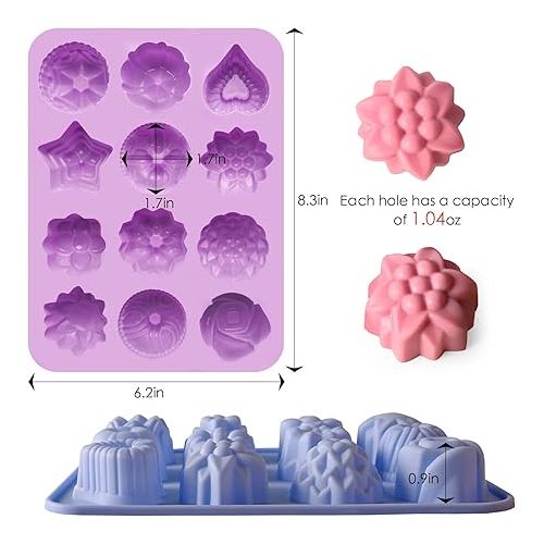  Sakolla 3 Pack Chocolate Flowers Silicone Molds 12 Cavity Flowers Heart Shape Candy Cake Molds for Baking, Cupcake, Jelly, Ice Cube, Muffin