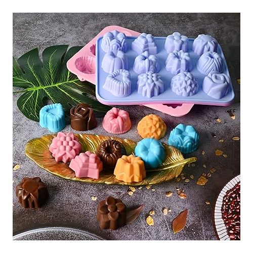  Sakolla 3 Pack Chocolate Flowers Silicone Molds 12 Cavity Flowers Heart Shape Candy Cake Molds for Baking, Cupcake, Jelly, Ice Cube, Muffin