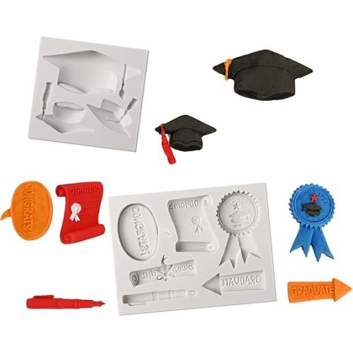  SAKOLLA Graduation Fondant Molds Silicone Doctoral Cap Diploma Candy Chocolate Molds Congrats Grad Congratulations Molds Cake Toppers Party Decorations for 2024 Graduation Celebration