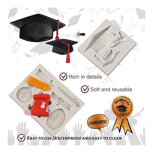  SAKOLLA Graduation Fondant Molds Silicone Doctoral Cap Diploma Candy Chocolate Molds Congrats Grad Congratulations Molds Cake Toppers Party Decorations for 2024 Graduation Celebration